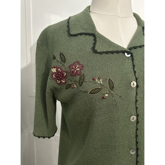 Vintage Koret Womens Green Knitted Cardigan Embroidered Flowers Size Petite Sm - Picture 2 of 11